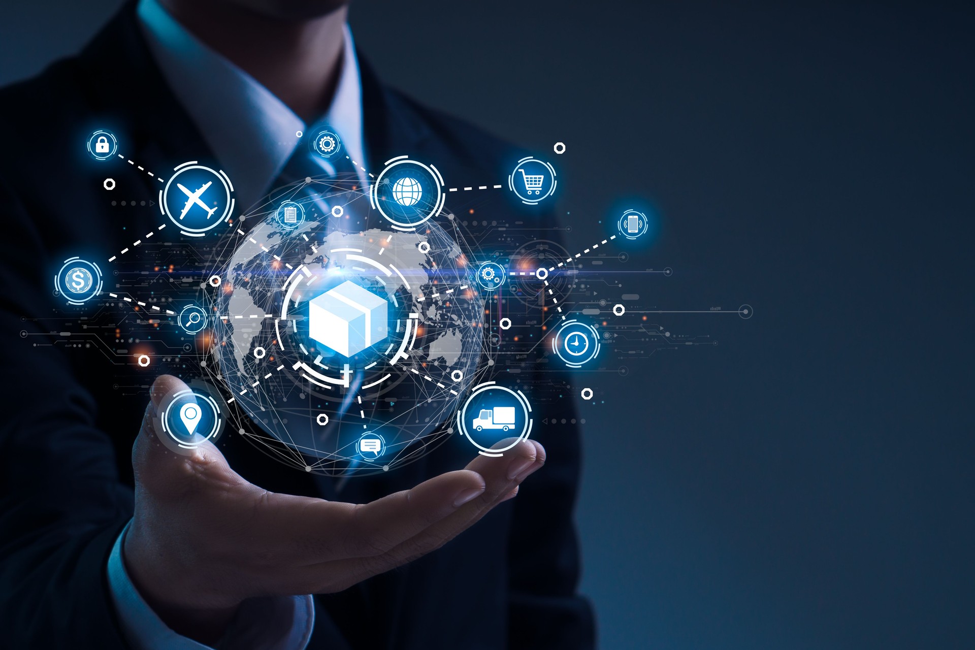 Logistic and transport concept.Smart warehouse management system.Businessman touching icon of logistics.