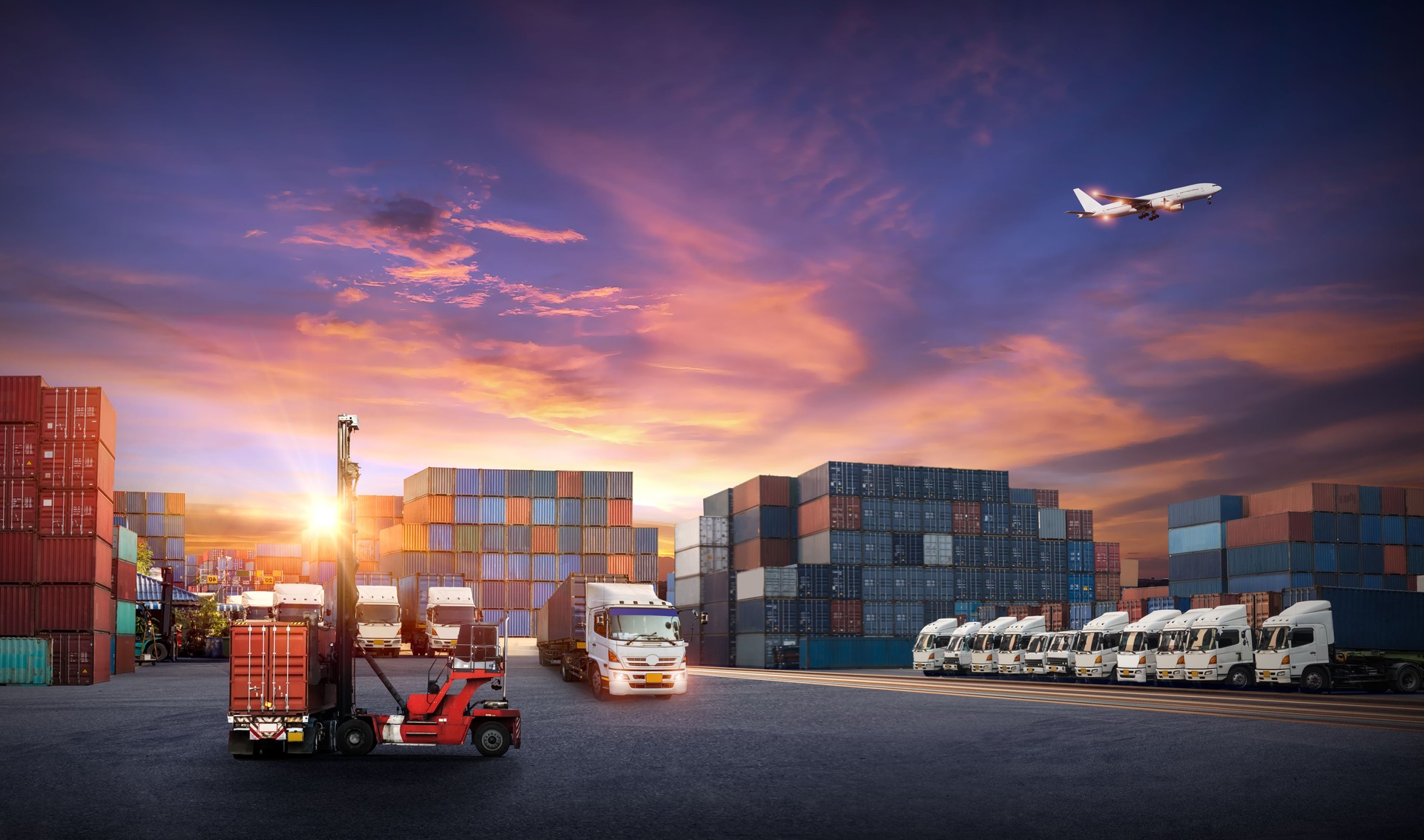 Container truck in ship port for business Logistics and transportation of Container Cargo ship and Cargo plane, logistic import export and transport concept